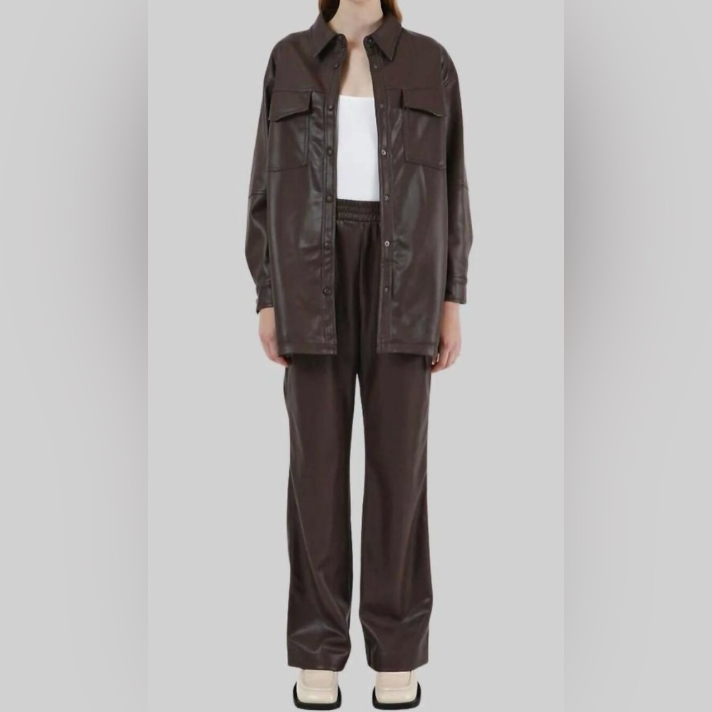 Brown Faux Leather Shirt and Pants Set